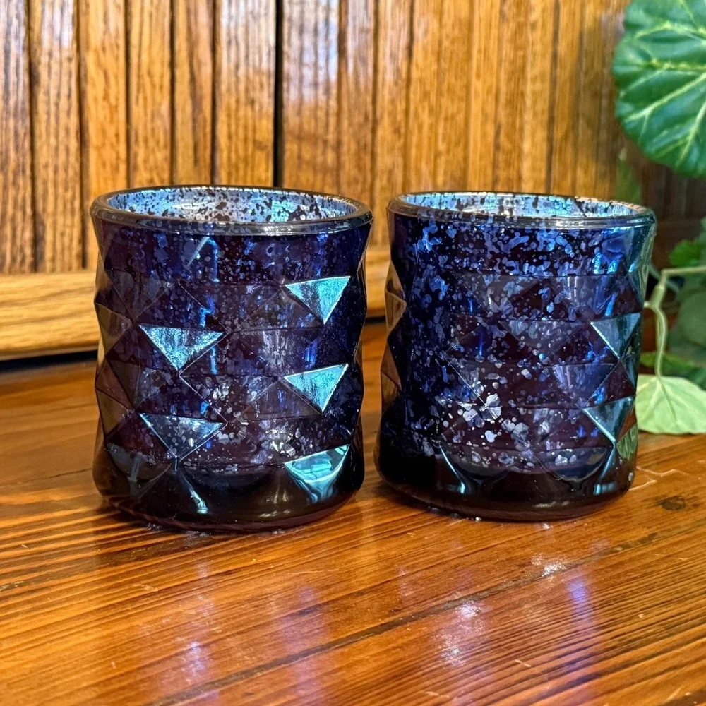Votive Candle Holders Set of 2 Cobalt Excellent Geometric Mercury Glass